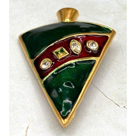Vintage LIA Signed Christmas Tree Brooch Pin Enamel Green & Red Stones Gold Tone - Picture 7 of 10